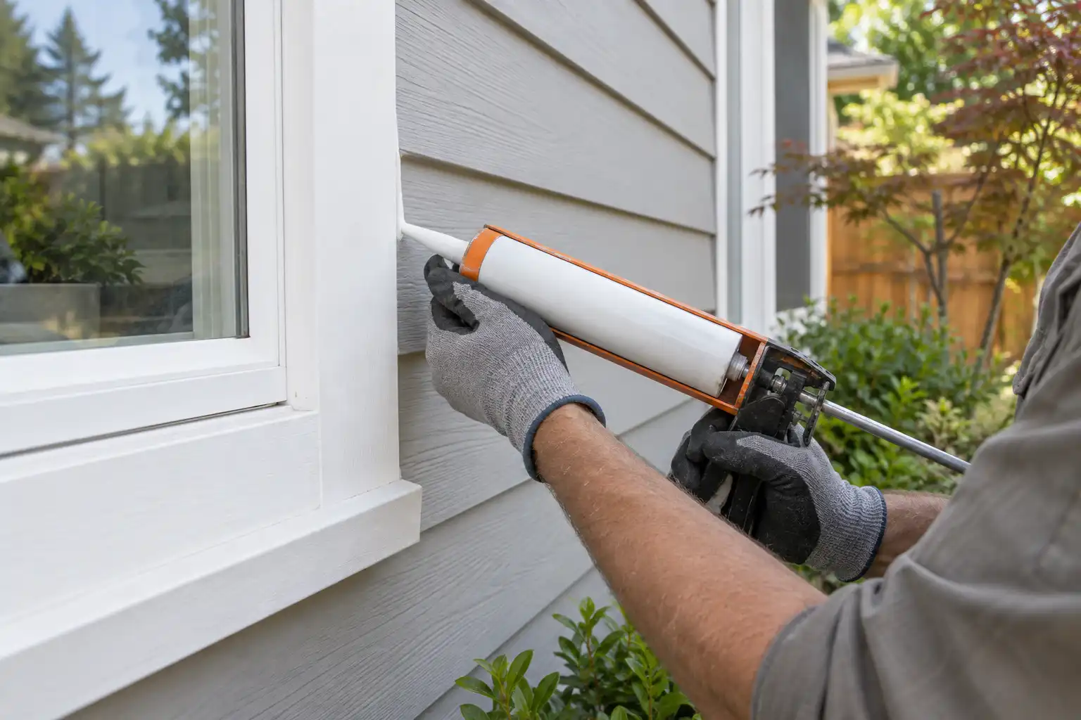 Gloved hands applying caulk along the seam between exterior window trim and gray siding.