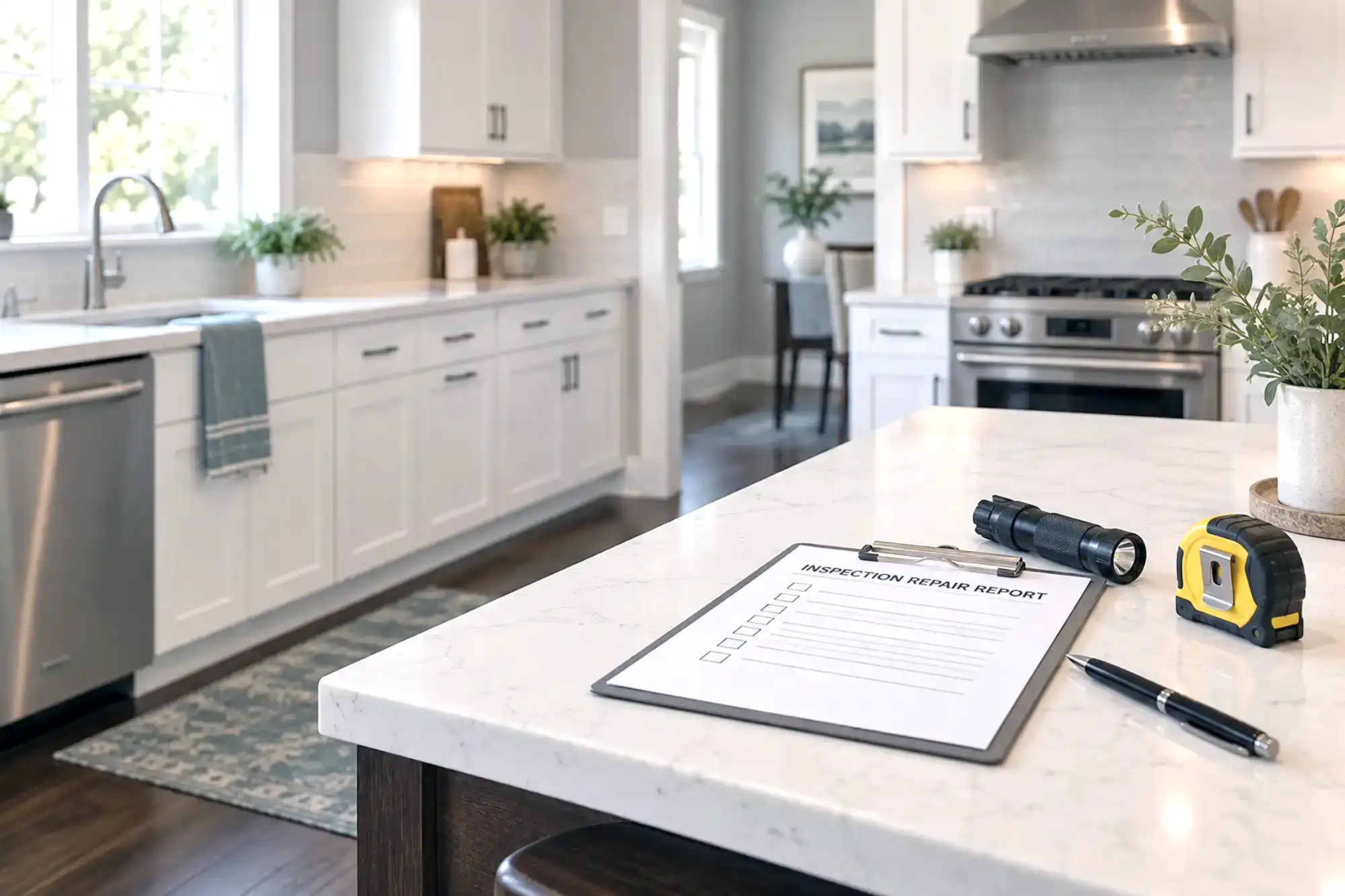 Home inspection report on a kitchen island beside a flashlight, tape measure, and pen.