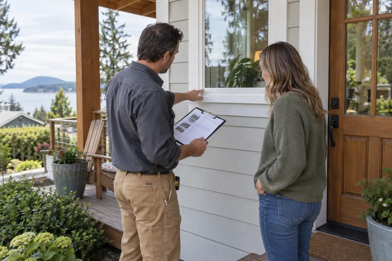 Two people reviewing a report beside an exterior window, with one pointing to the window trim.